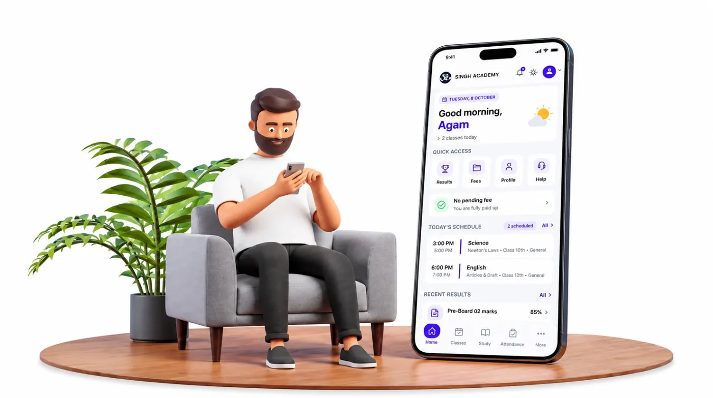 A coaching institute owner relaxing in an armchair while checking the Xorbay app on his phone