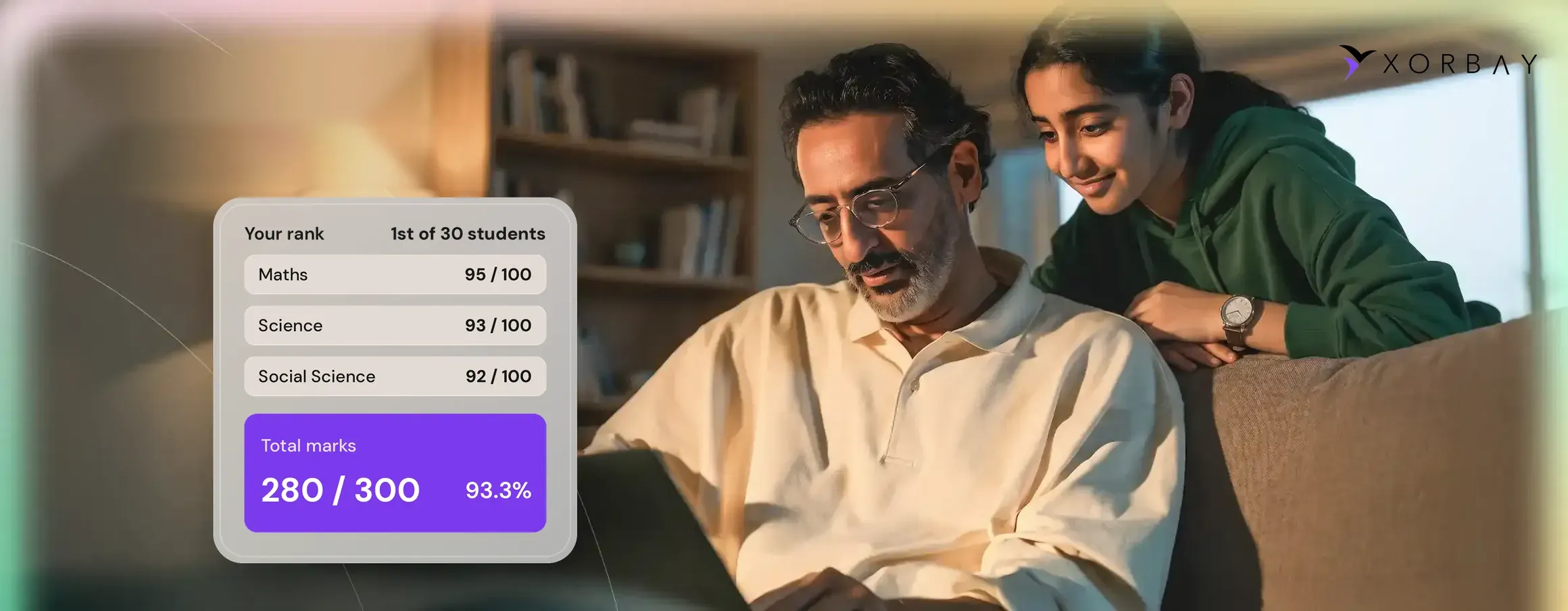 A parent and student checking exam results and class rank in the Xorbay app